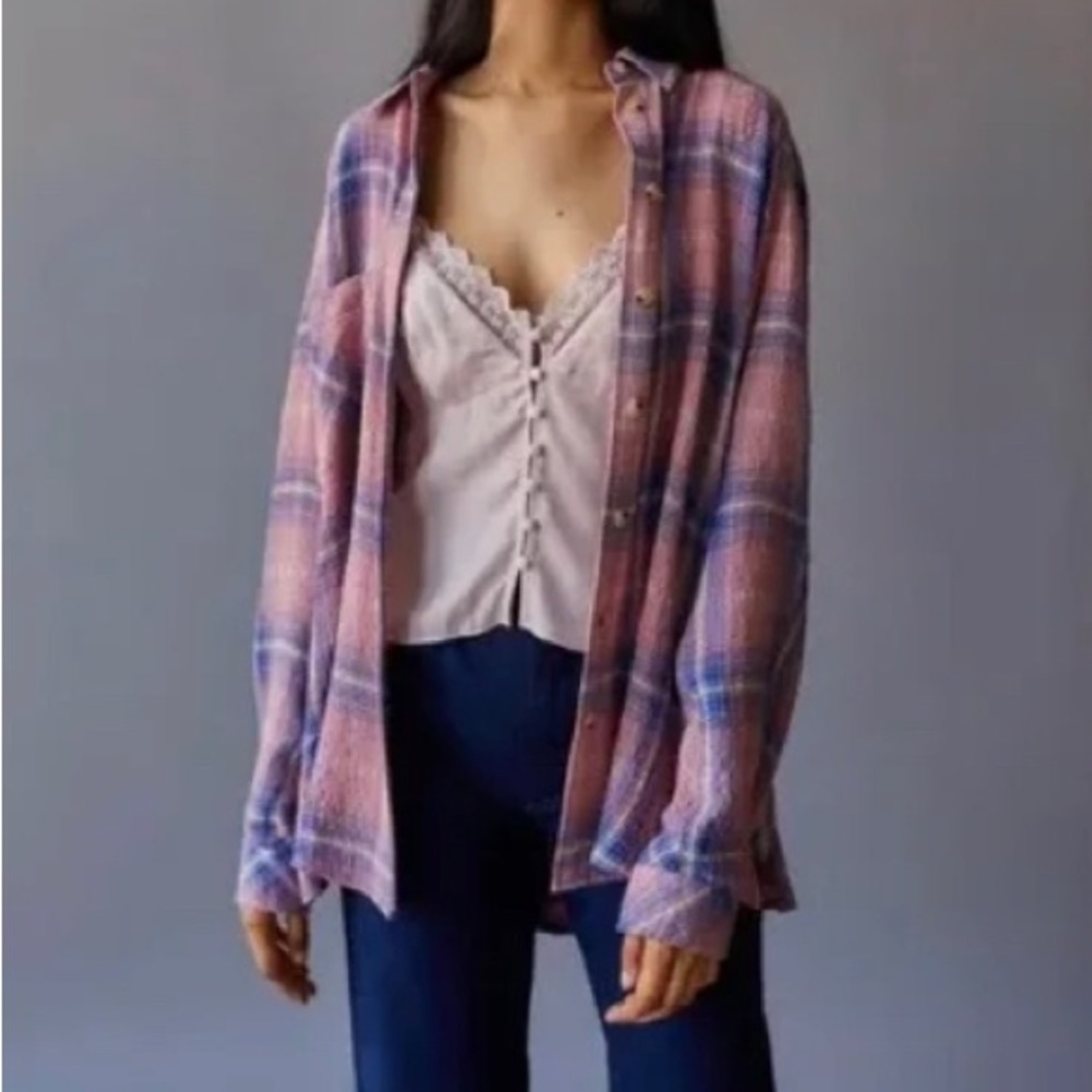 UO BDG Keanu Flannel Button-Down Shirt in L & pink plaid